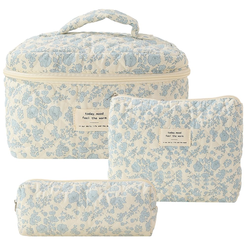 CHAMAIR 3Pcs Coquette Makeup Bag - Quilted Cosmetic Bag Large Make Up Bag Set Aesthetic Floral Toiletry Bag Cotton Travel Skincare Bag for Women