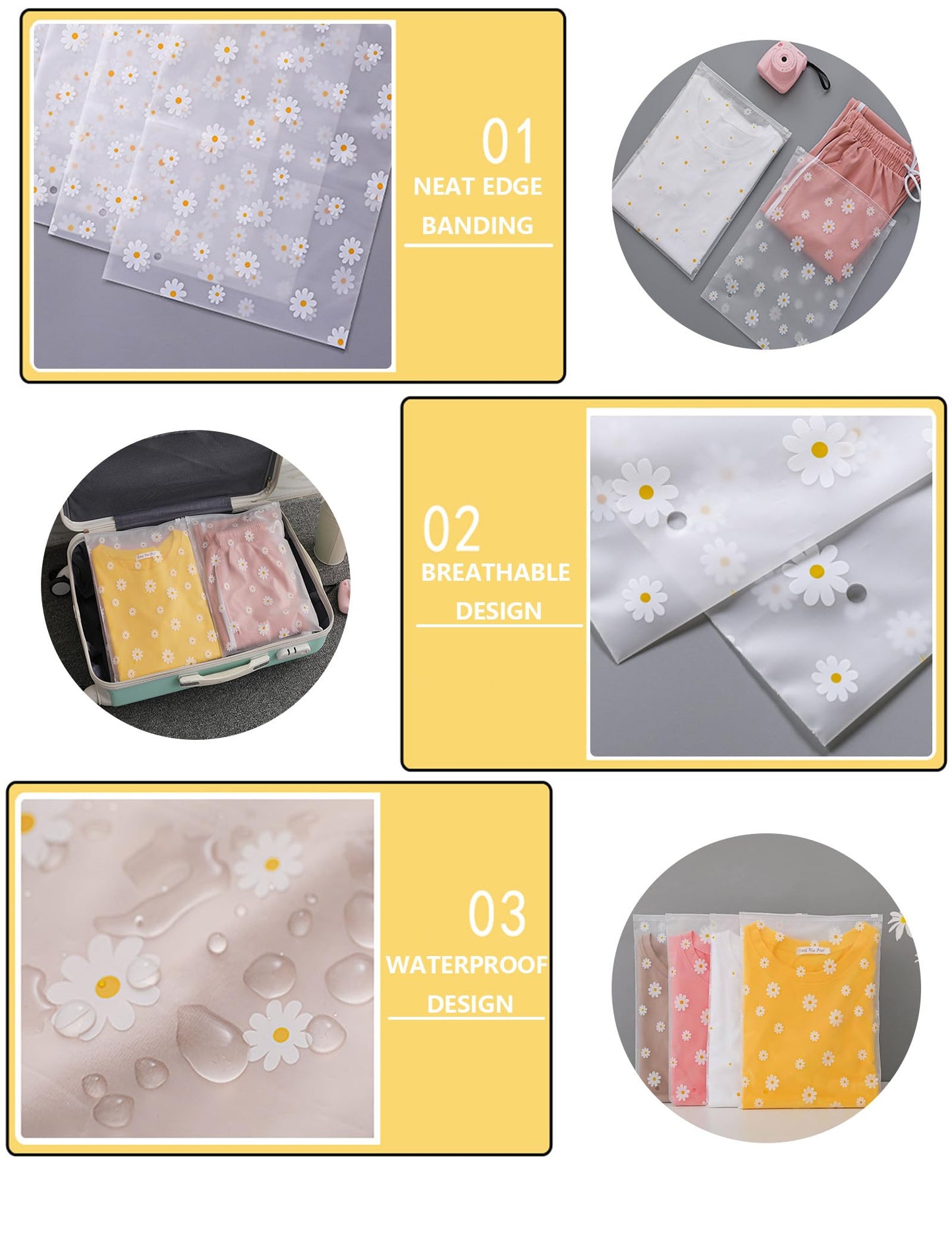 Boxonly Daisy Zipper Storage Bags, Reusable Waterproof PEVA Plastic Pouches for Clothes, Shoes, Toiletries - 12" x 16" / 30 x 40 cm - 12 Pcs