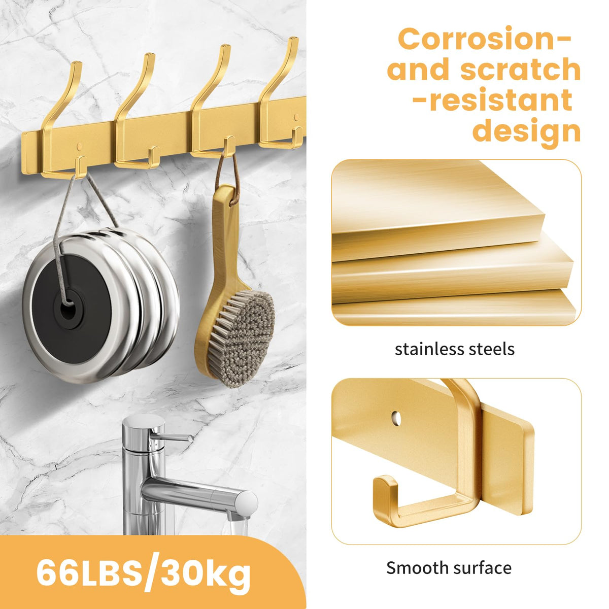 MEIJO Coat Hooks Wall Mounted Stainless Steel, Gold Coat Rack Wall Mounted with 6 Hooks Heavy Duty Coat Hooks for Door, Bathroom, Bedroom, Kitchen