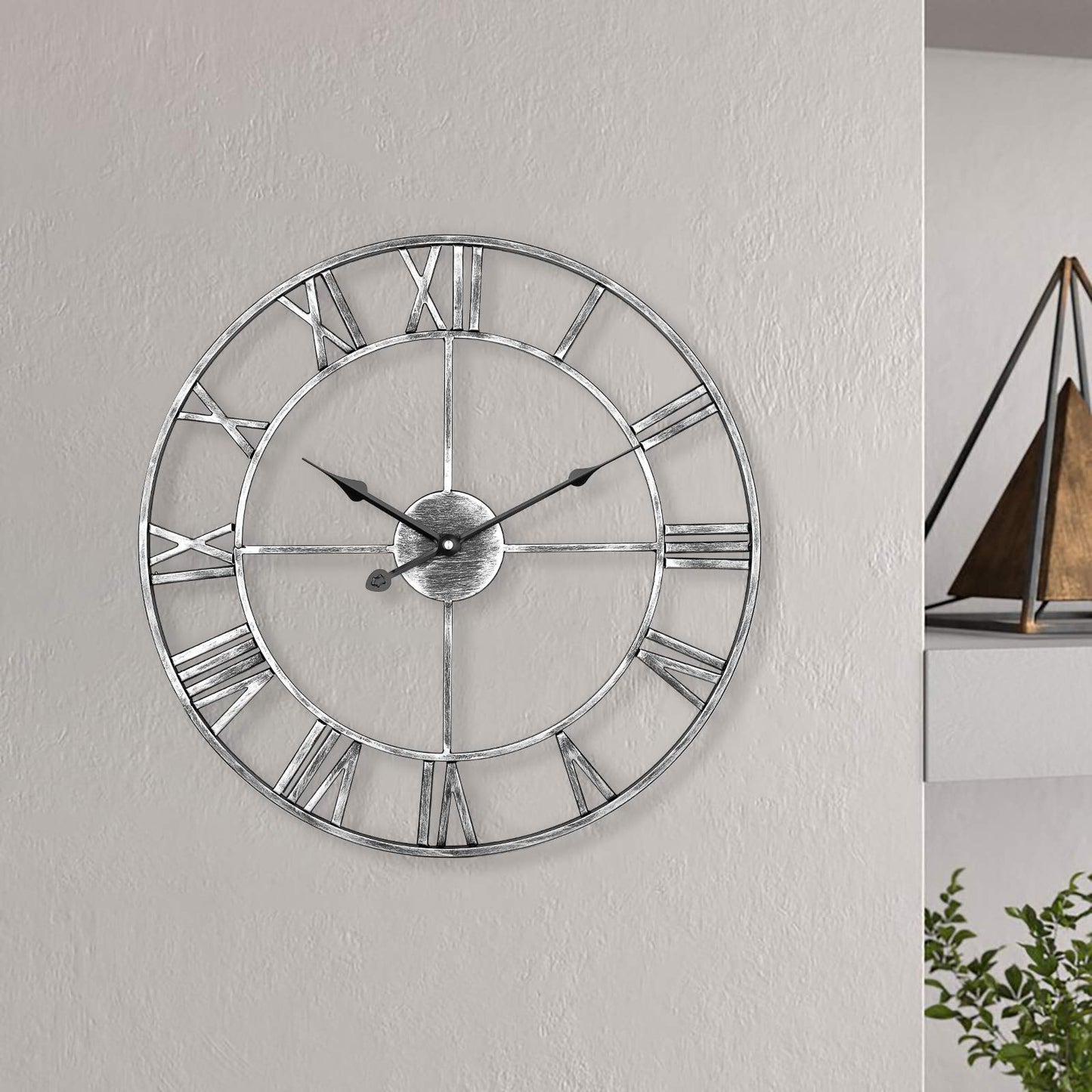LENAUQ Silent Metal Skeleton Wall Clock, 47cm European Farmhouse Vintage Clock with Roman Numeral, Non-Ticking Battery Operated Hanging Wall Clock for