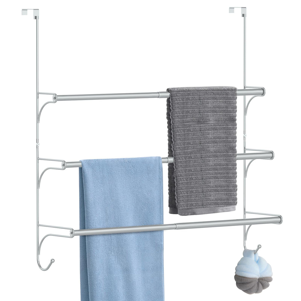 3 Tier Over the Door Towel Rail, Adjustable Bathroom Towel Rack with 2 Hooks, Hanging Towel Holder for Storage Organiser Towelsor Clothes, Silver
