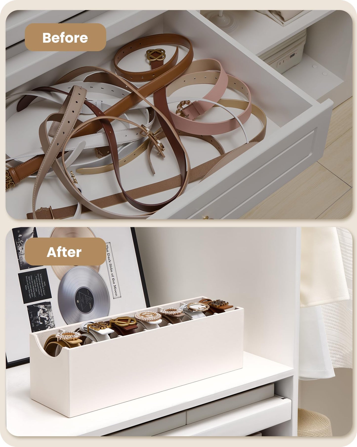 Lolalet Belt Organizer for Closet, Belt Box & Storage Drawer -Cream