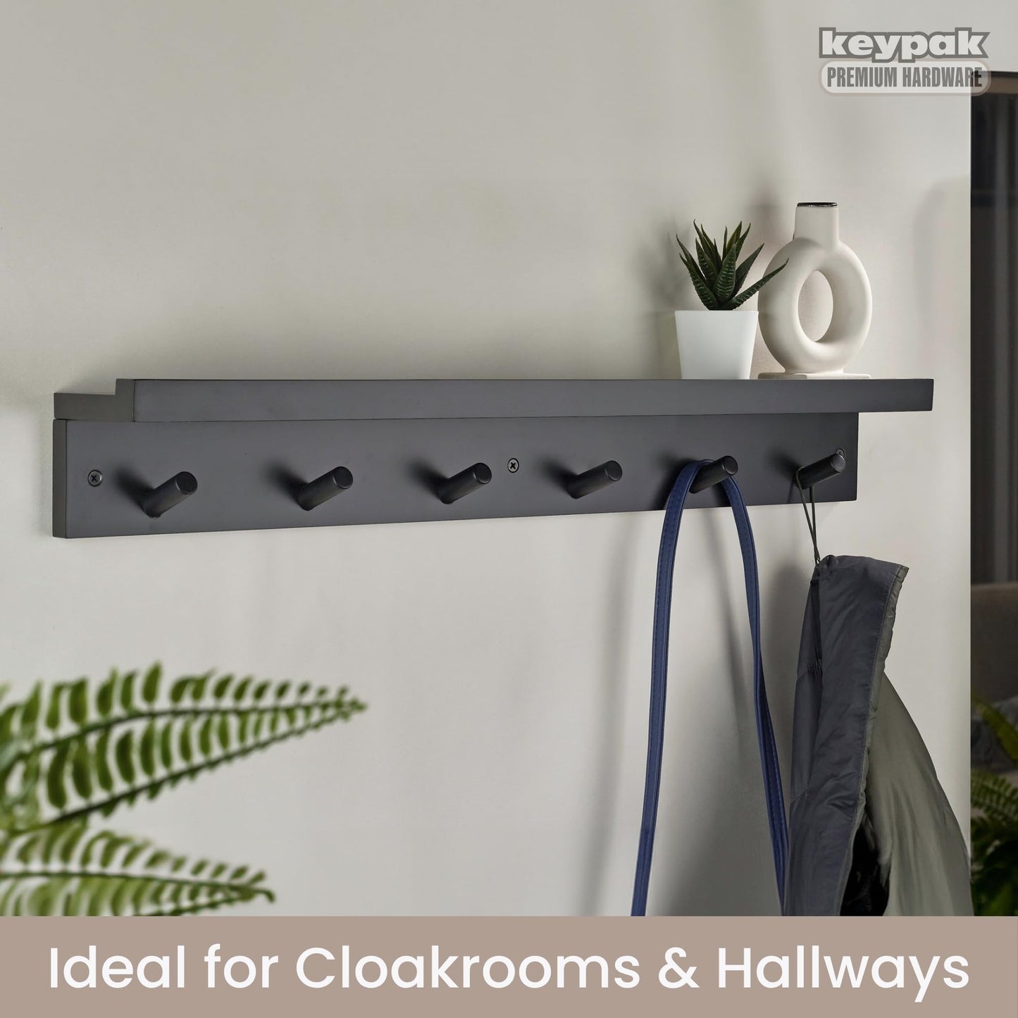 keypak 6 Coat Hooks with Shelf, 68cm Wooden Floating Shelf with Lip