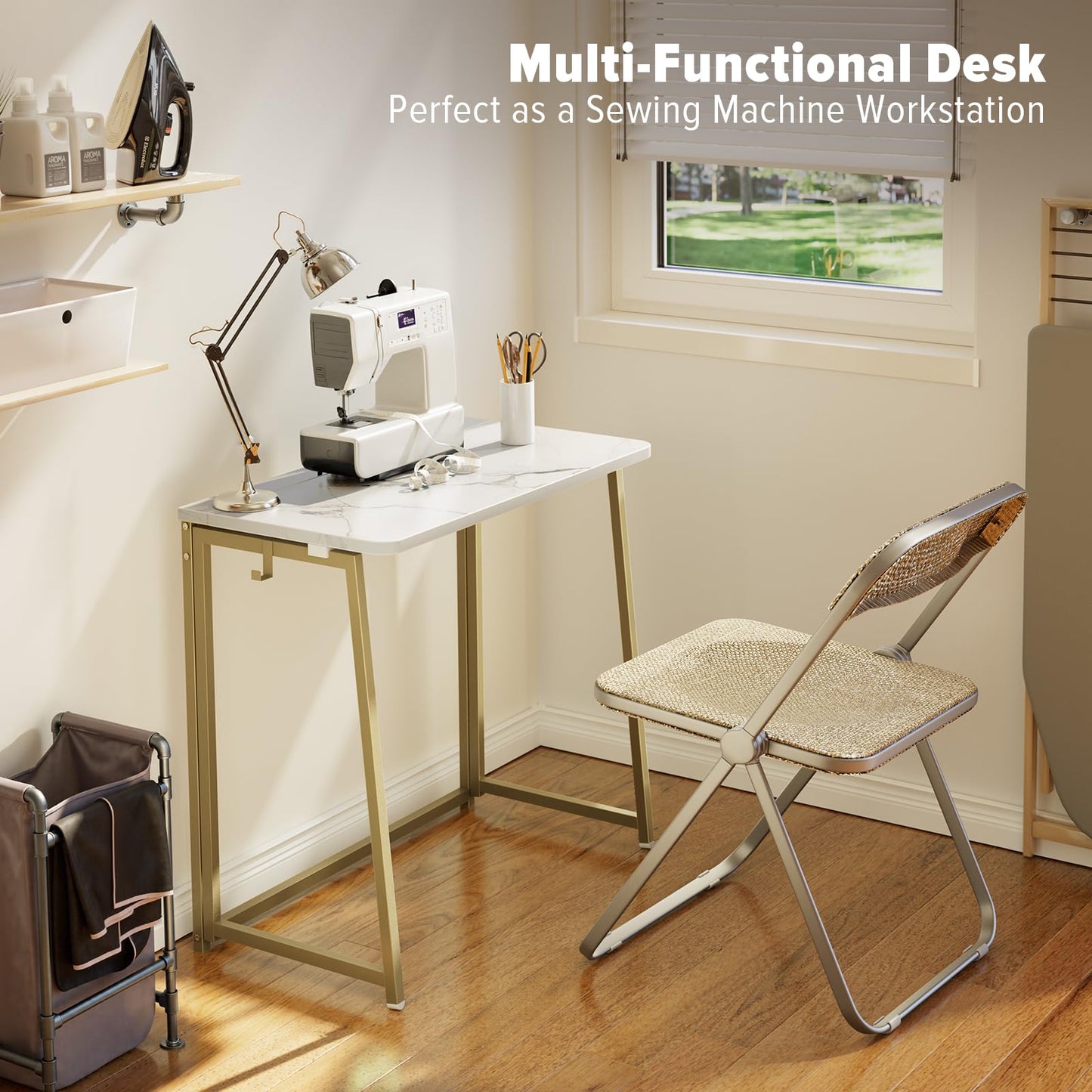 WOHOMO White Faux Marble Folding Desk, 80cm Office Table with Gold Legs