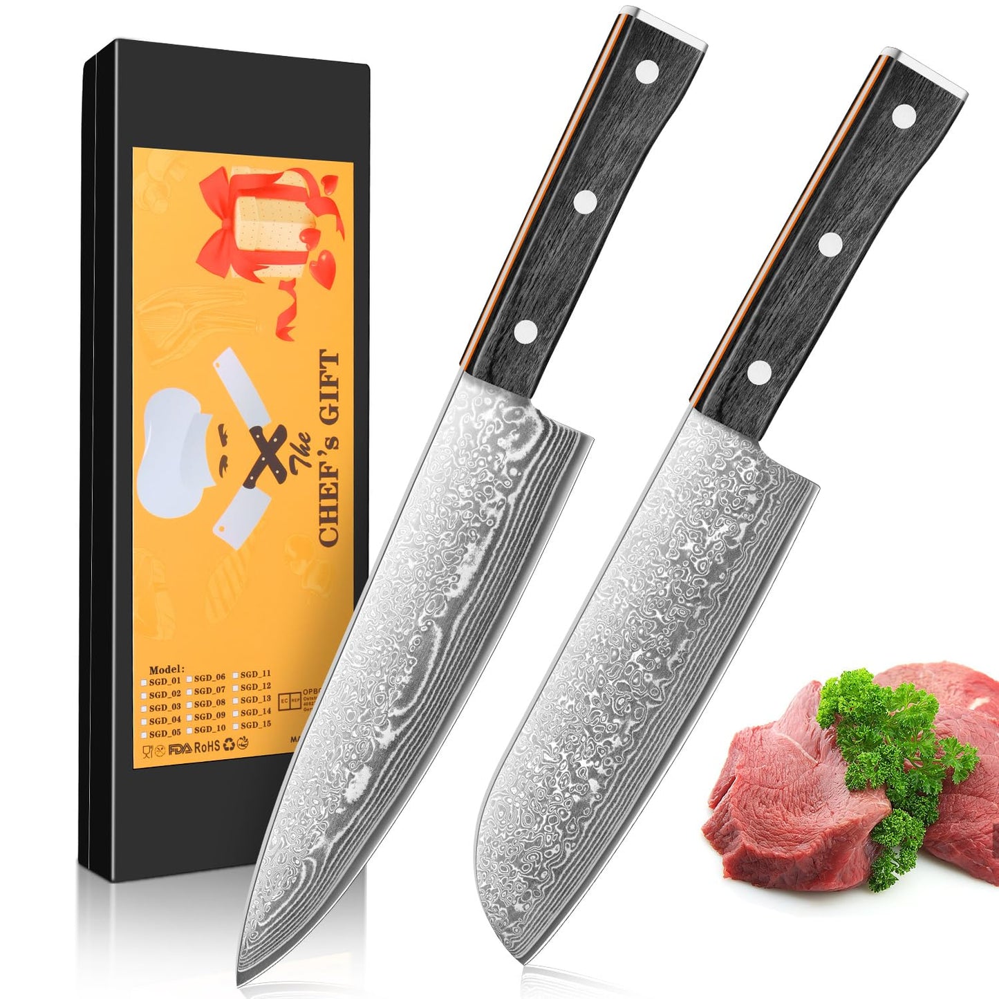 kyushublade Damascus Knife Set of, Japanese Damascus Steel 67 Layers Kitchen Chef Knife Set, Professional Santoku Knives, Cooking Knifes with Wooden