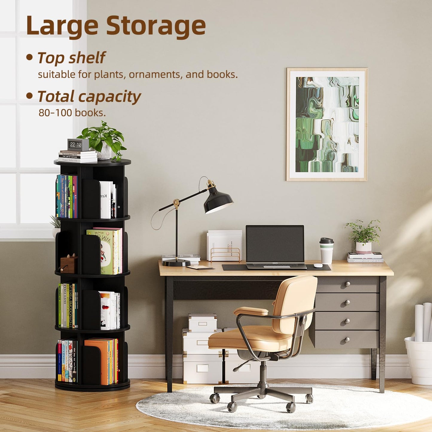 WEMANER 4-tier Rotating Kids Bookshelf, Wooden 360° Small Corner Revolving Spinning Bookcase