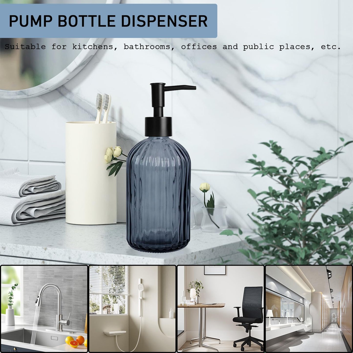 GKSCXEXE 400ml Blue Soap Dispenser, Glass Soap Dispenser Bottle with Pump