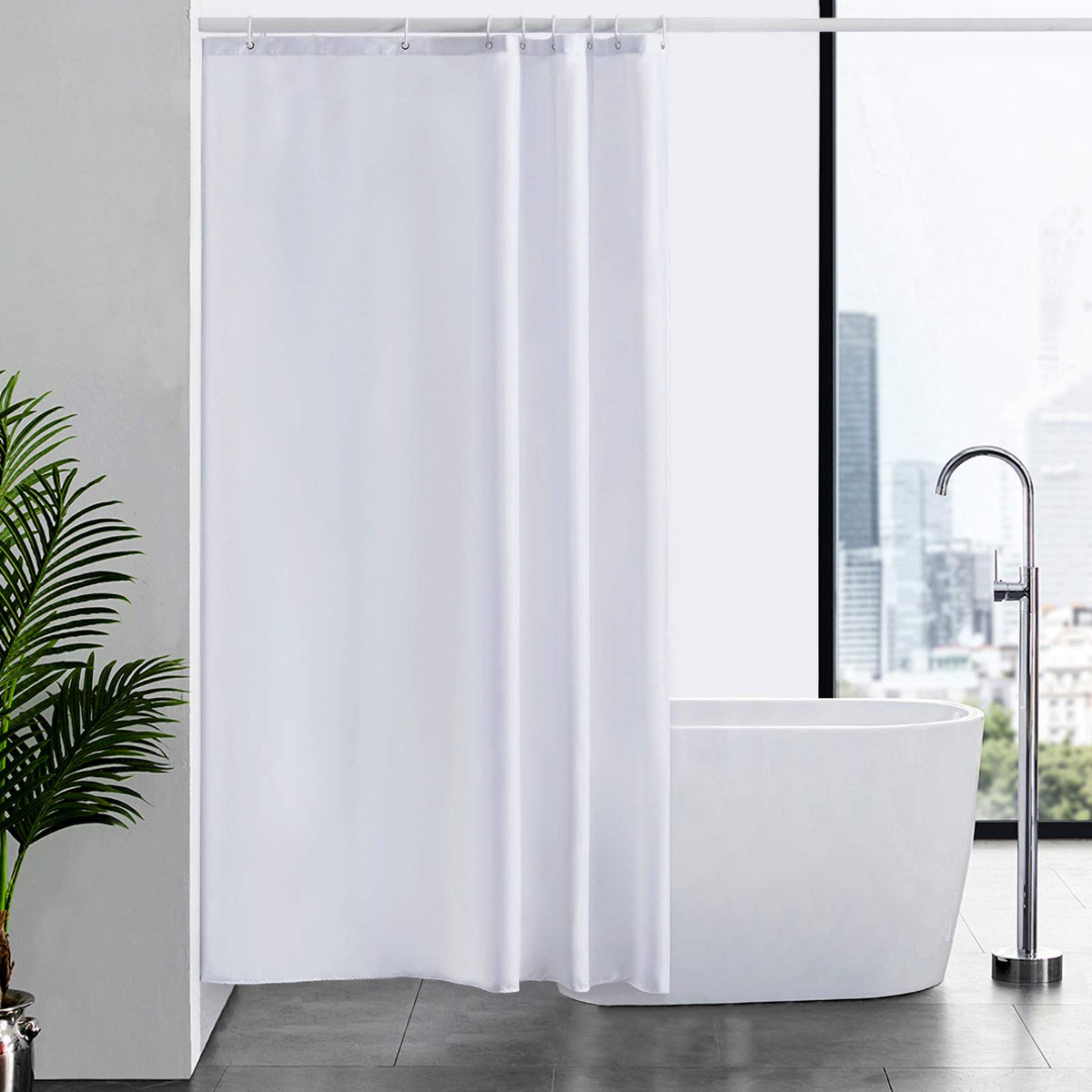 Furlinic White Shower Curtain Mould Proof Resistantand Waterproof Washable Polyester Fabric Bath Curtains with Weight Tape 8 Hooks for Wetroom 47x78