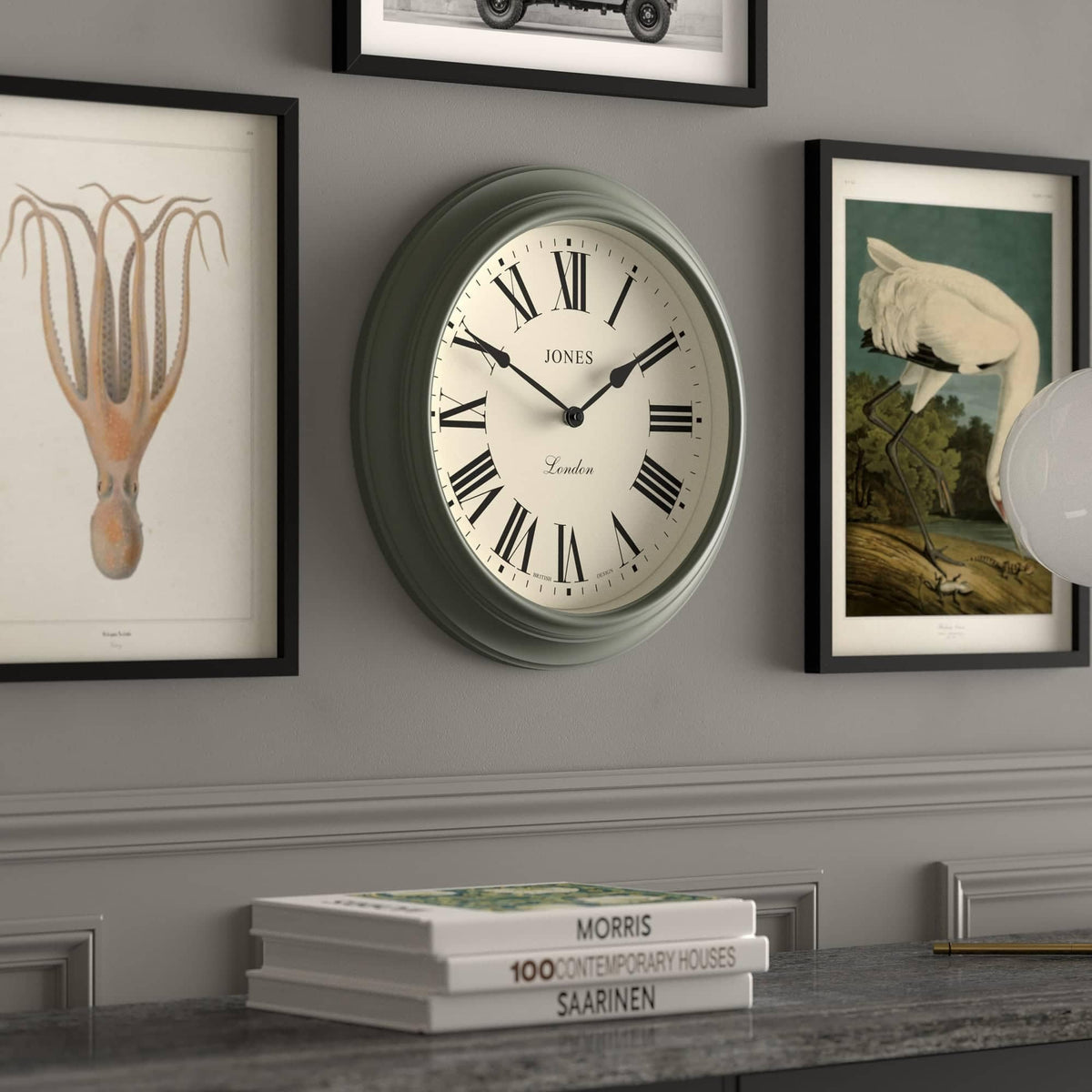 Jones Clocks Supper Club wall clock | Large classic round clock | 40cm | Asparagus green | Roman numerals |Traditional design ideal for kitchen or