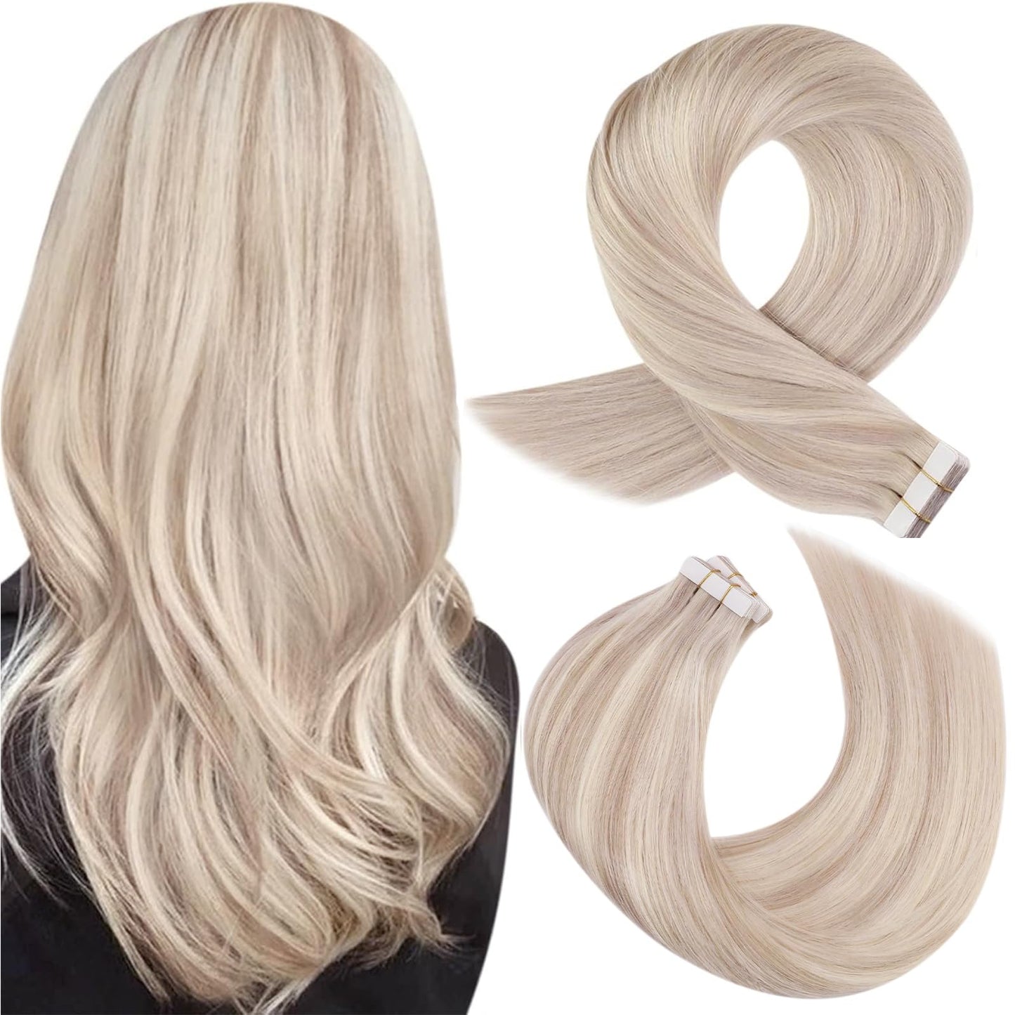 Moresoo Tape Hair Extensions Human Hair Blonde 16 Inch Tape in Extensions Ash Blonde with Bleached Blonde Hair Extensions Real Human Tape In 20