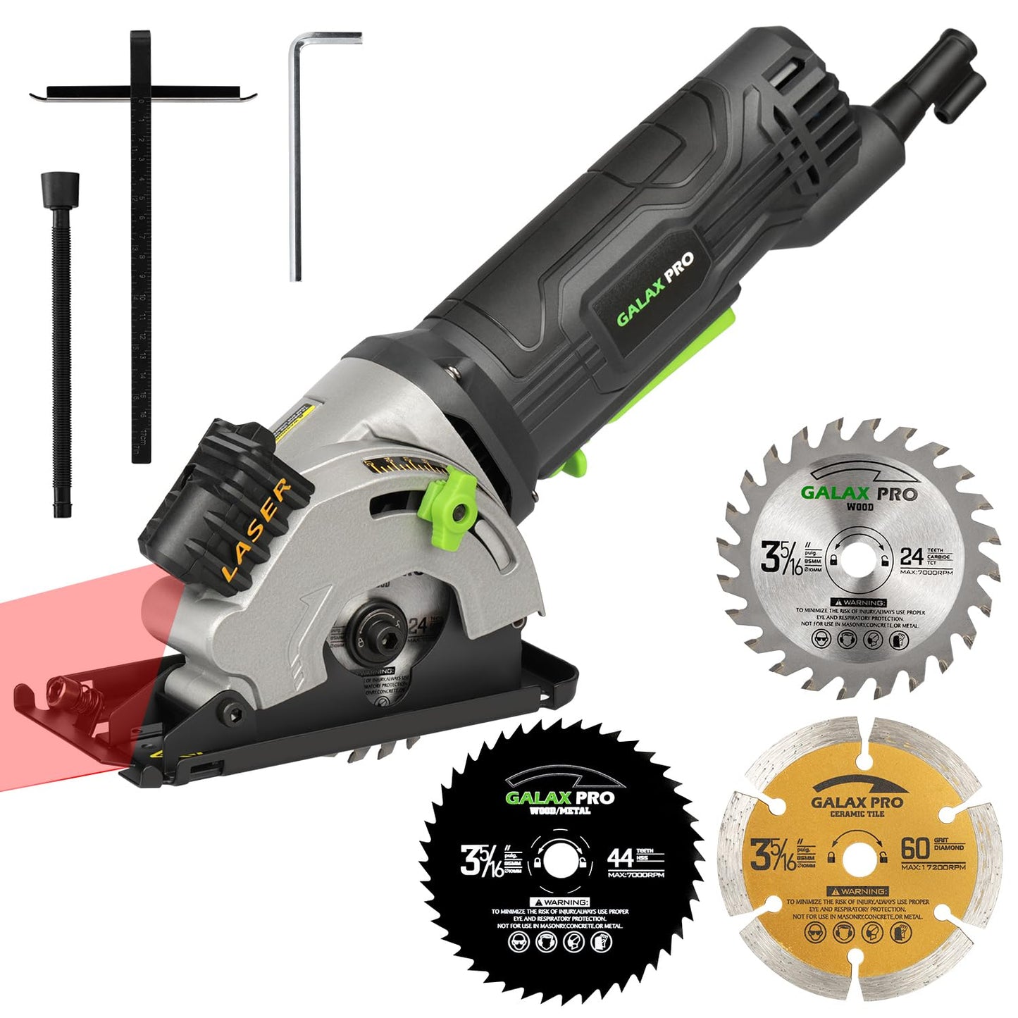 GALAX PRO Mini Circular Saw, 580W 3500 RPM Maximum Cutting Depth of 28.5mm, Three Pieces of 85mm Saw Blades, Equipped with Laser Guide Rails, Suitable