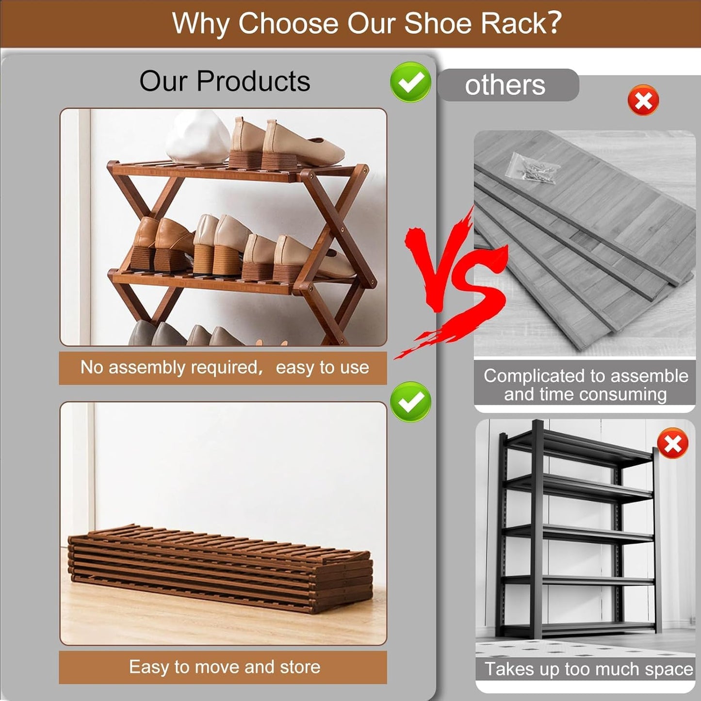 Gelory Bamboo Folding Shoe Rack, Portable Wooden Small Shoe Storage Rack