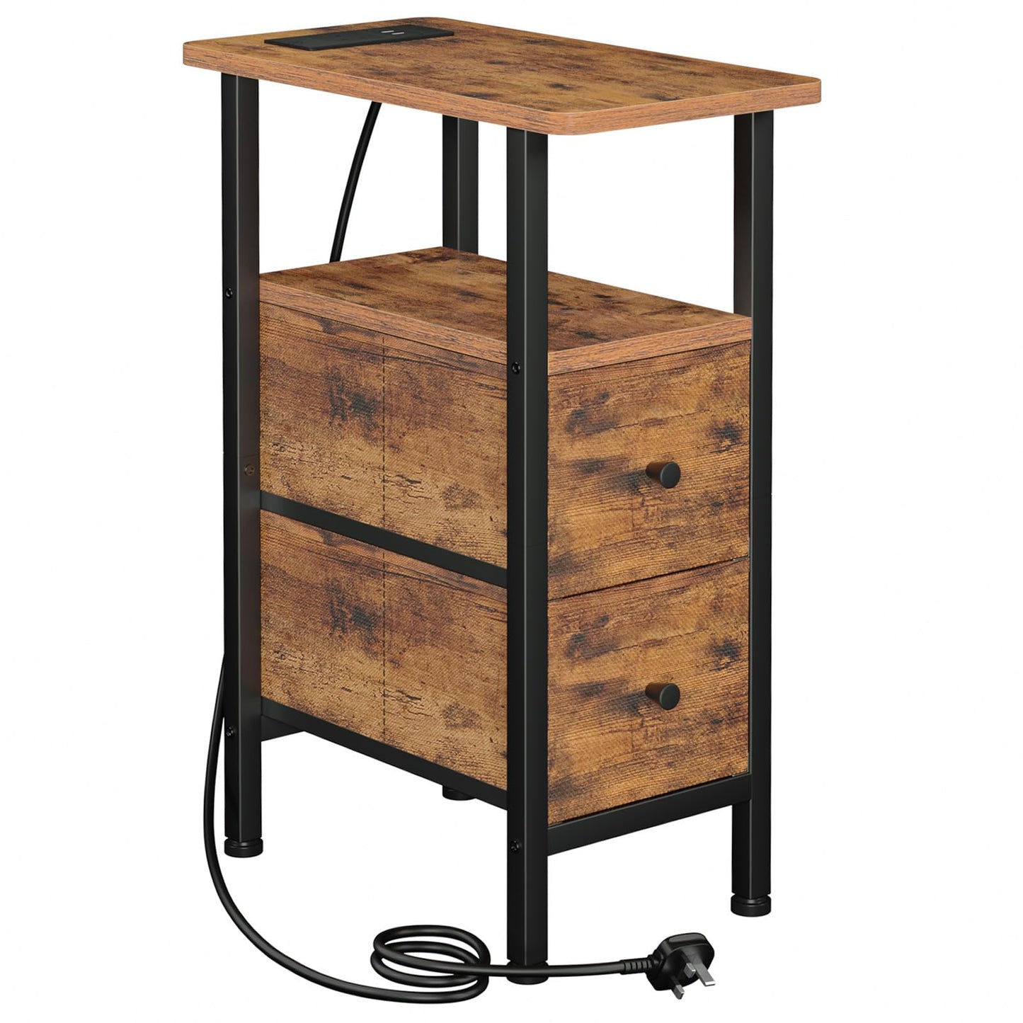 AMHANCIBLE Slim Bedside Table with Charging Station, Narrow Side Table with 2 Fabric Drawers, Small End Table with Open Storage Shelf, Nightstand for