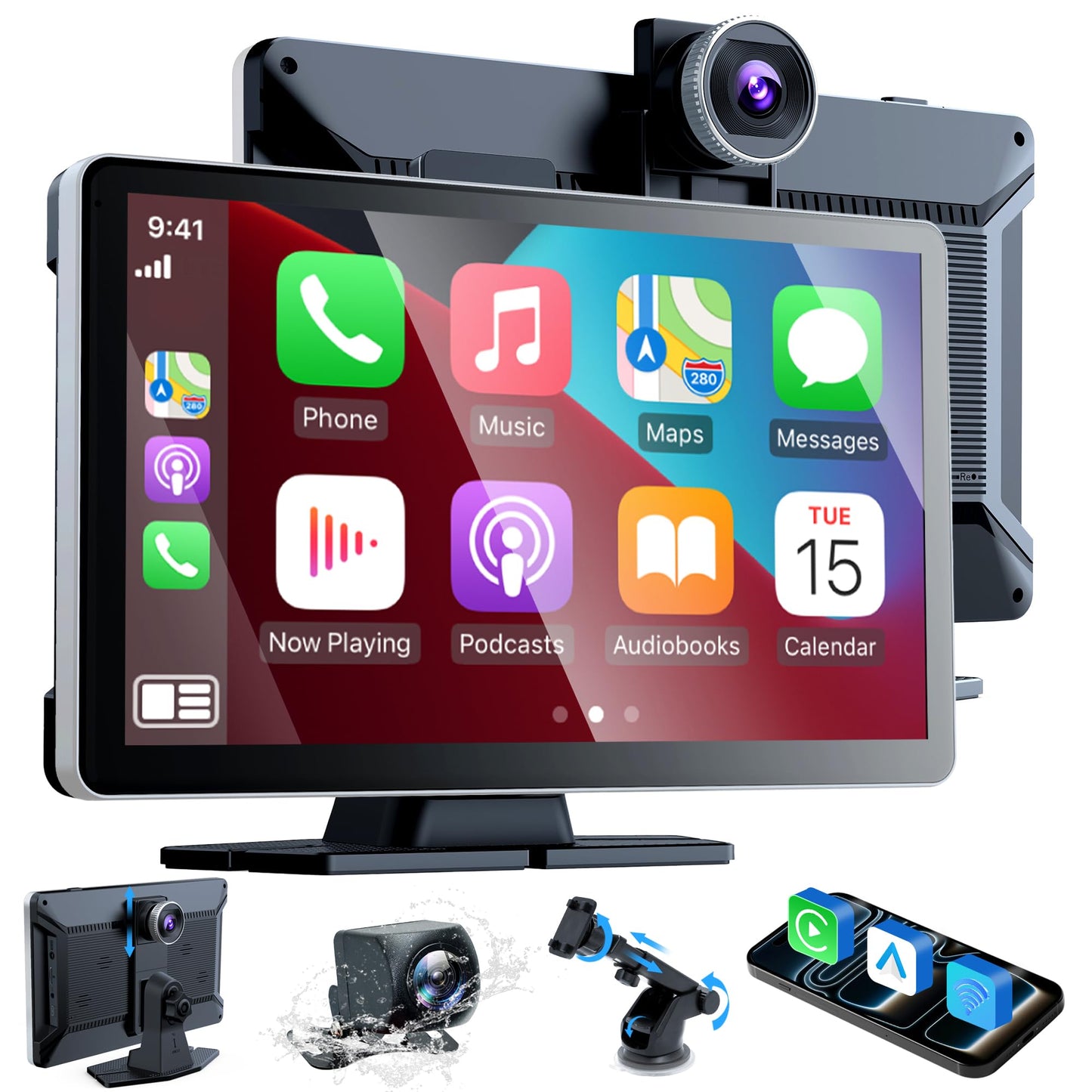 9 Inch Car Stereo with Apple Car Play & Android Auto,Portable Touch Screen Car Player Wireless Car Play Screen with Voice Control, with 4K Front+Rear