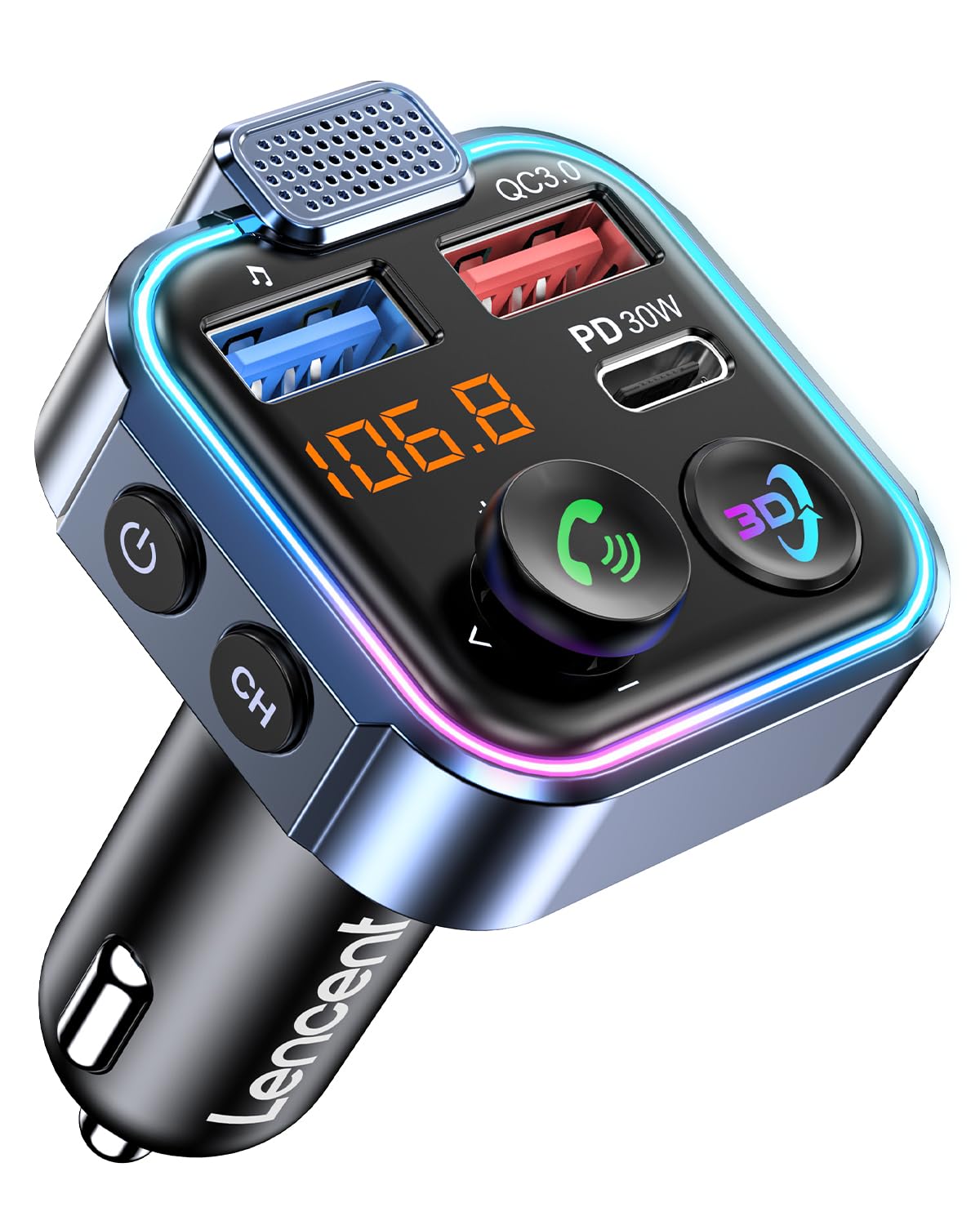 LENCENT Bluetooth 5.3 FM Transmitter, Wireless Radio Adapter Car Kit with Type-C PD 30W+ QC3.0 Fast USB Charger, Hands-Free Calling, Audio Stereo Mp3