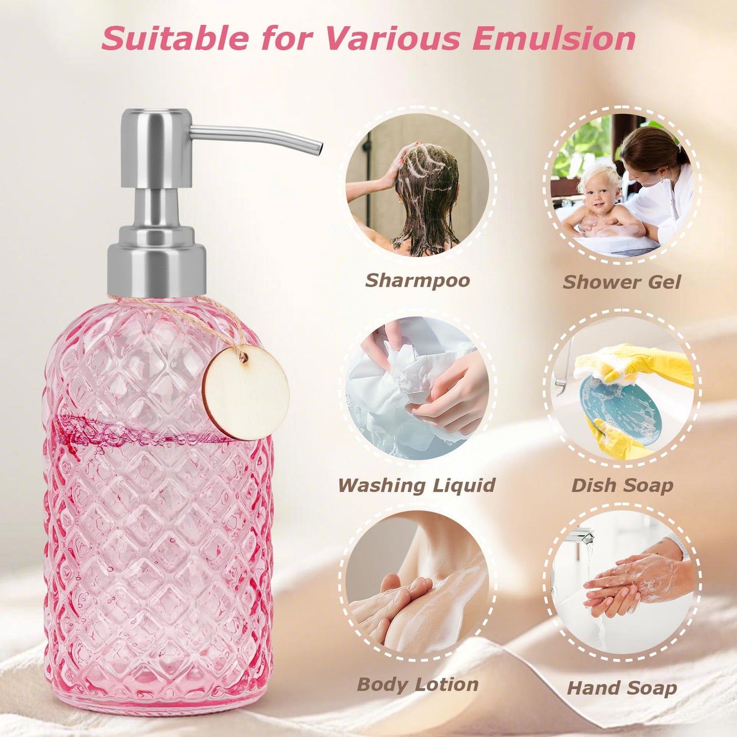 Topsky Glass Soap Dispenser with Silver Metal Pump 400ml Pink