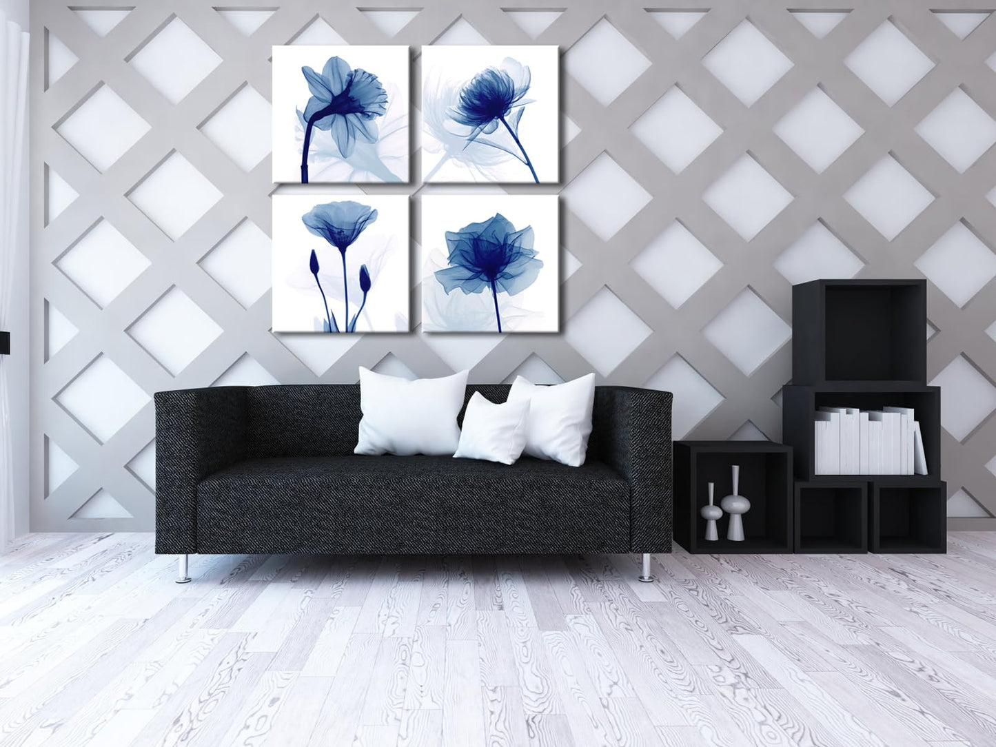 Wieco Art Large Blue Flickering Flower Modern Abstract Paintings Canvas Wall Art Grace Floral Pictures on Canvas Print 4 Panels Artwork for Living