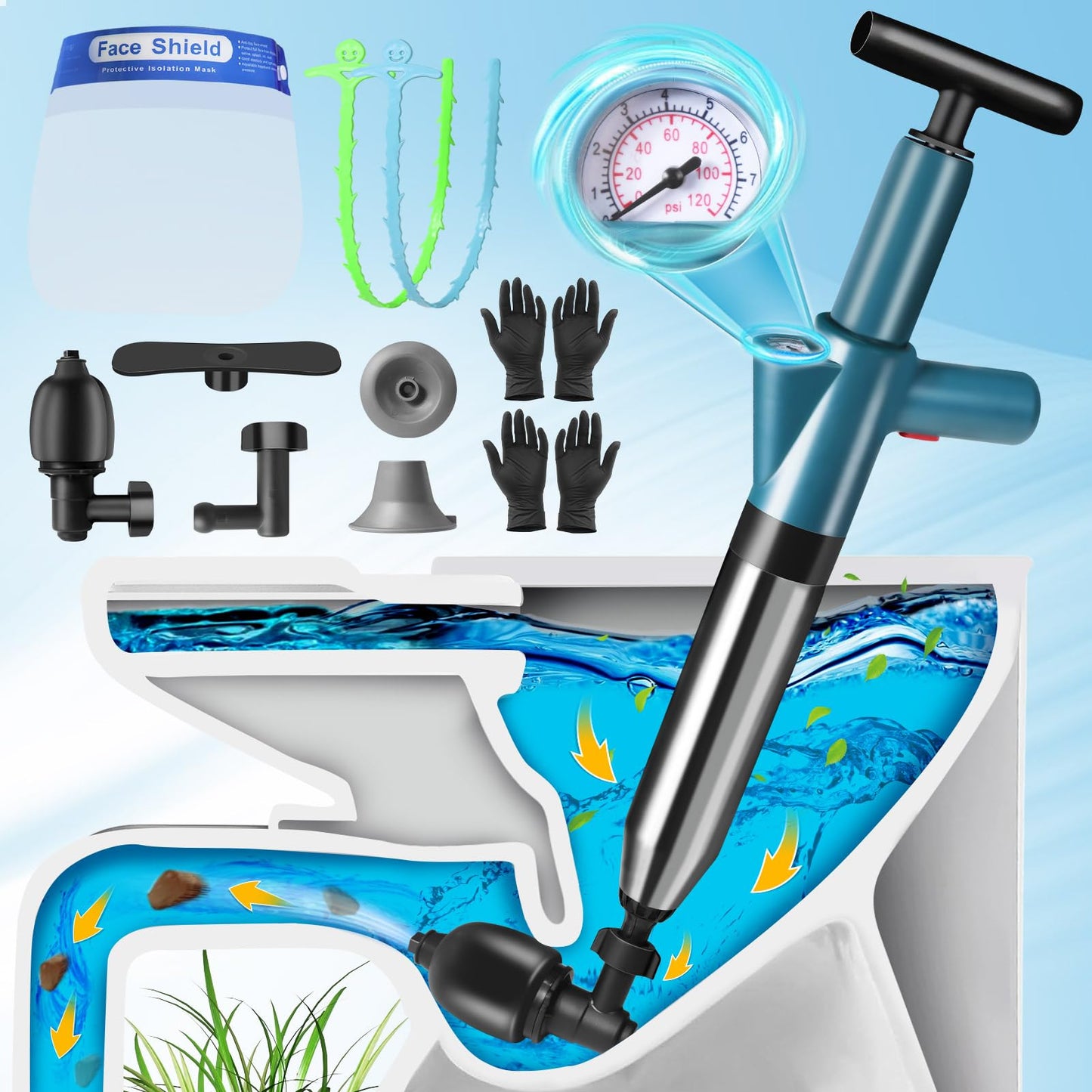 Toilet Unblocker, Toilet Plunger Heavy Duty High Pressure Air Sink Unblocker Tools with Visual Barometer Sink Plungers for Unblocking Bathroom Kitchen