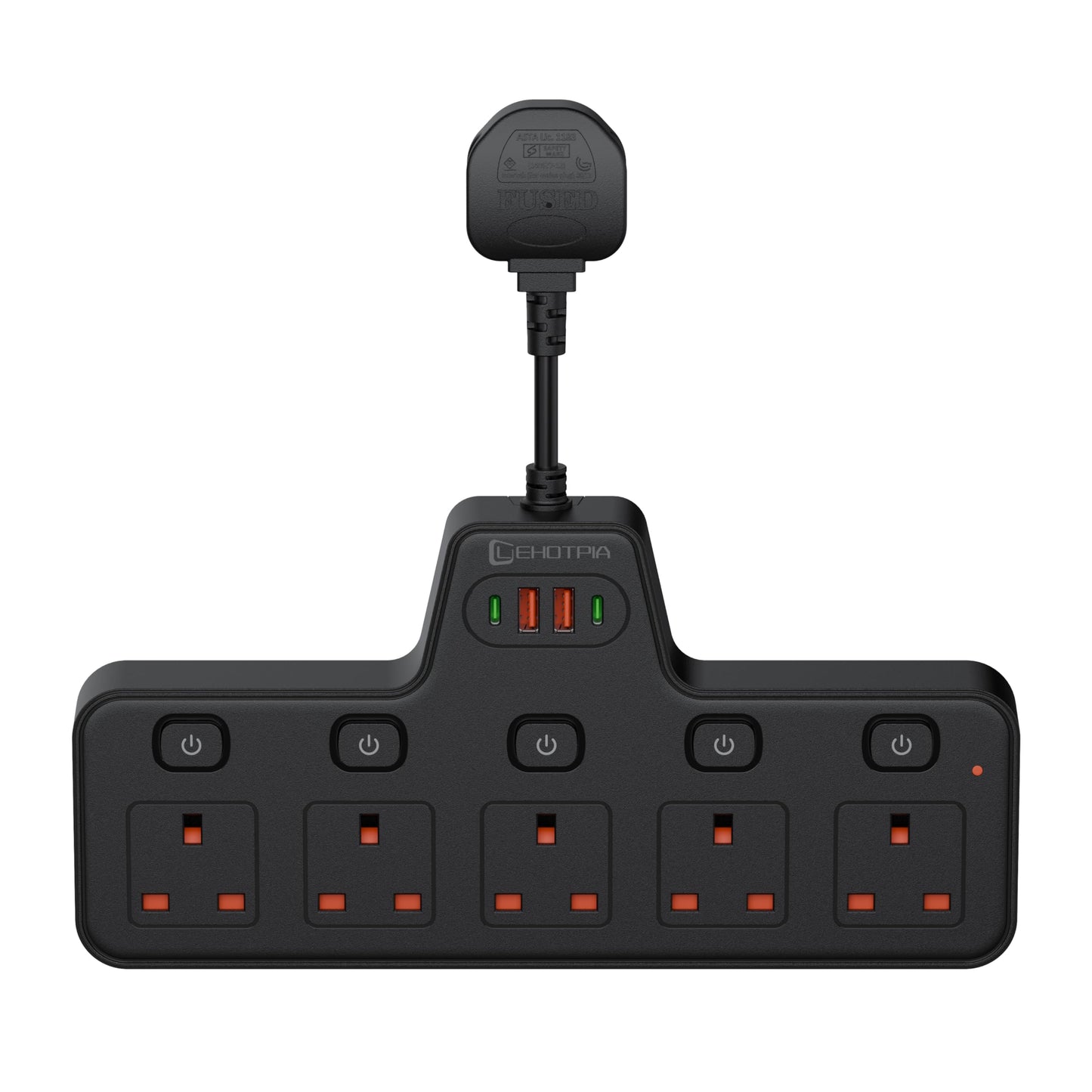 LEHOTPIA Power Strip Extension Lead Socket 5 Way with Flexible Plug, Extension Lead with Two Usb Slots with Individual Switches, Short Small Extension
