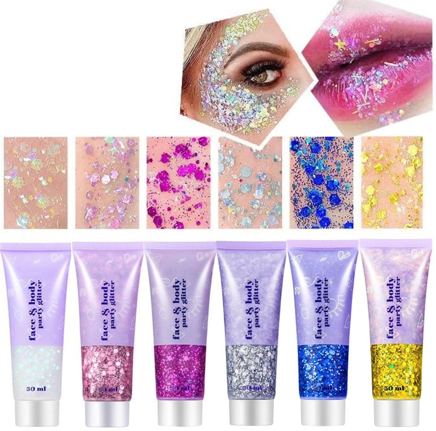 Go Ho 6 Colors Face Body Glitter Gel,Festival Sequins Shimmer Eyeshadow, Mermaid Holographic Glitter Gel,Singer Concerts Long Lasting Chunky Sequins