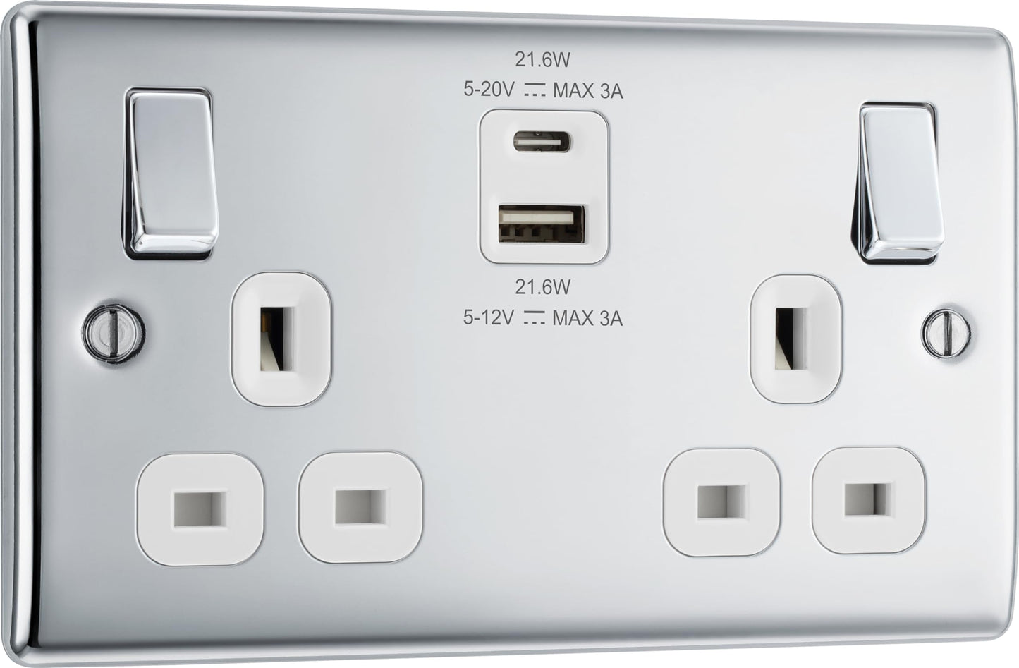 BG Electrical 22W Double Switched Wall Plug Socket with Fast Charge Type A & C USB Charging Ports, Nexus Metal, Polished Chrome, Black Inserts, 13A,