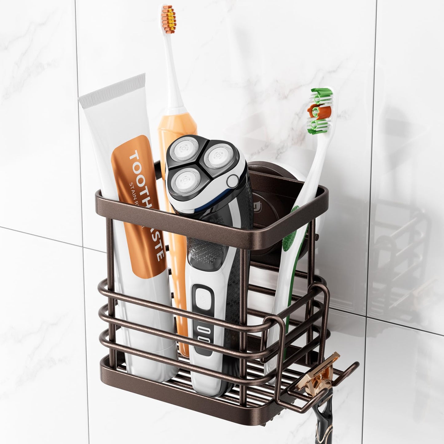 TAILI Suction Toothbrush Holder Wall Mounted, MAX Hold 5 KG, Brown Toothbrush Holder for Bathroom, Shower Razor Organizer With Hooks, No Drilling,