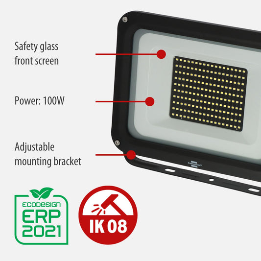 Brennenstuhl LED Spotlight JARO 14060 / LED Light 100W for Outdoor use (LED Outdoor Floodlight for Wall mounting, 11500lm, Made of Aluminium, IP65)