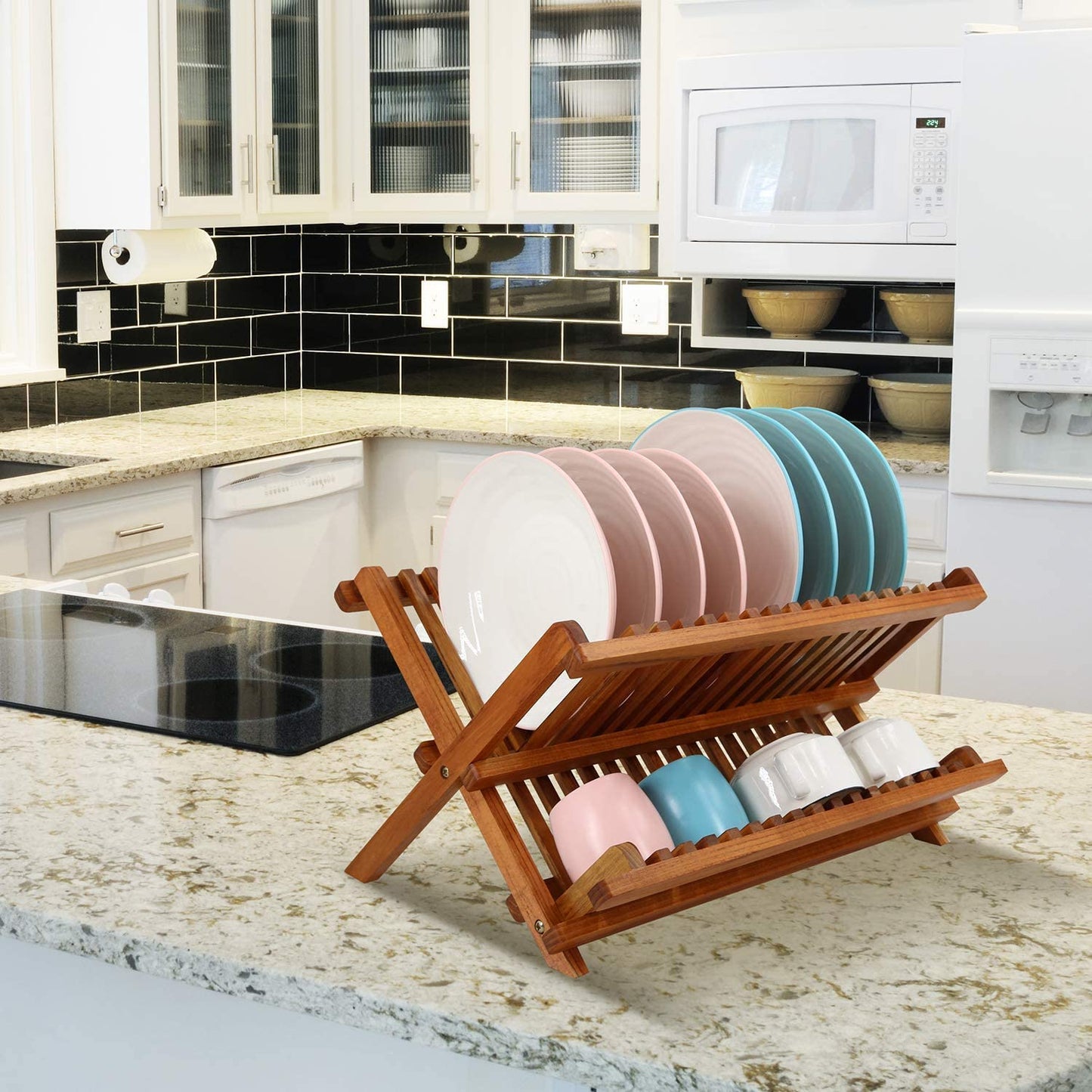 Utoplike Teak Dish Rack Stand Drainer, Collapsible 2 Tier Dish Drying Rack with Cup Holder, Wooden Plate organiser for Kitchen