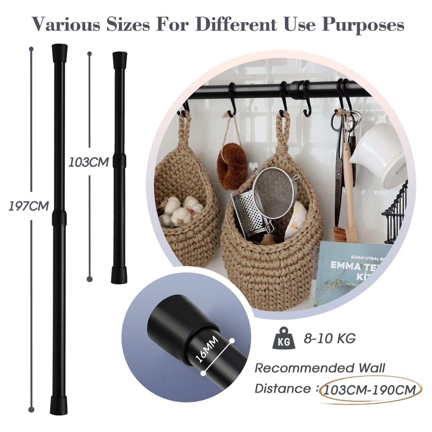 Extendable Curtain Pole Telescopic Curtain Rod Tension Rod,Length 105-190cm