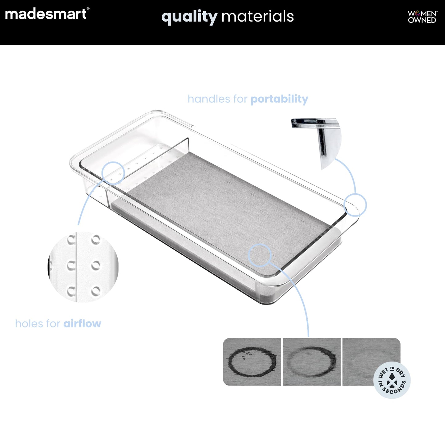madesmart Dental Tray Drawer Organizer with Drying Stone, Clear Plastic Drawer Organizer for Toothbrush, Dental Floss, Water Flossers, Toothpaste