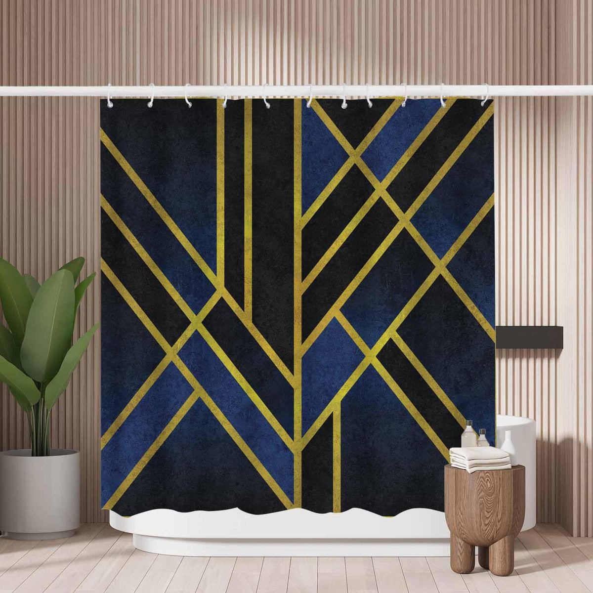Woutay Shower Curtain Mould Proof Resistant Gold Line Black Blue,Water Repellant Fabric,Polyester,with 12 Plastic Hooks