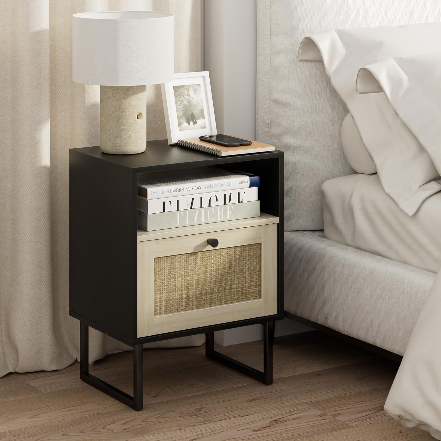 HEYZOEY Bedside Tbale Boho Night Stand, Small Rattan Bedside Table, Wood Nightstand with Drawer and White Oak Shelf, Side Table for Bedroom,Living