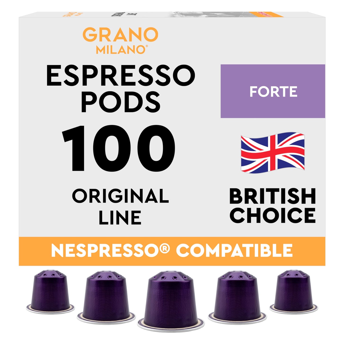 New Grano Milano Forte Coffee Capsules - 100 Aluminium Coffee Pods Compatible with Nespresso Original line, Dark Roast - Intensity 9/12, Made in Italy