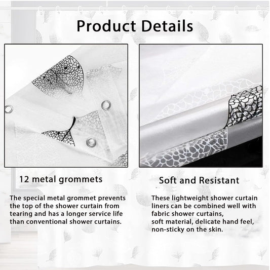 Shower Curtains Mould Proof Resistant - Leaves Patterned Semi-Transarent Shower Curtain, PEVA Waterproof Bathroom Curtains with 12 Hooks, 180 x 180 cm