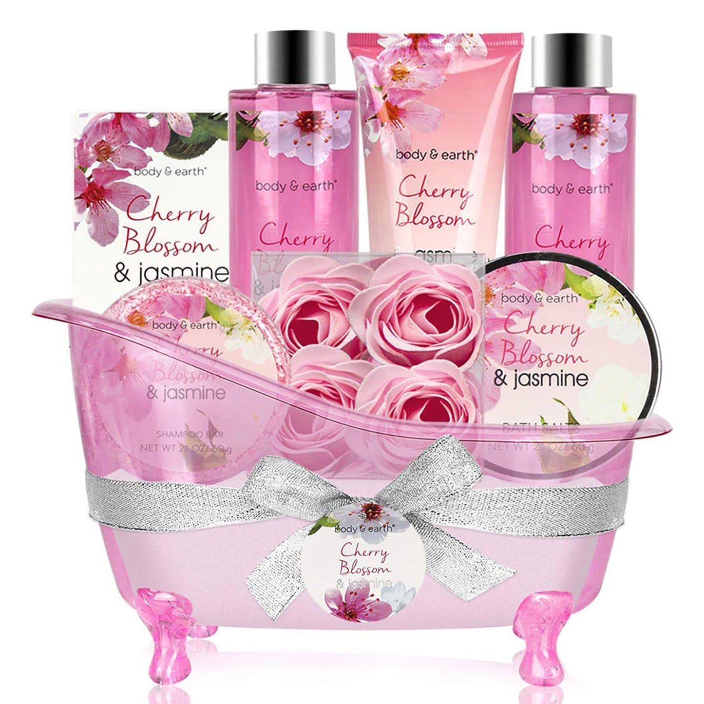 BODY & EARTH 8pcs Pamper Gifts for Women with Cherry Blossom&Jasmine, Includes Bubble Bath, Soap, Birthday Gifts for Women, Valentines Gifts for Her,