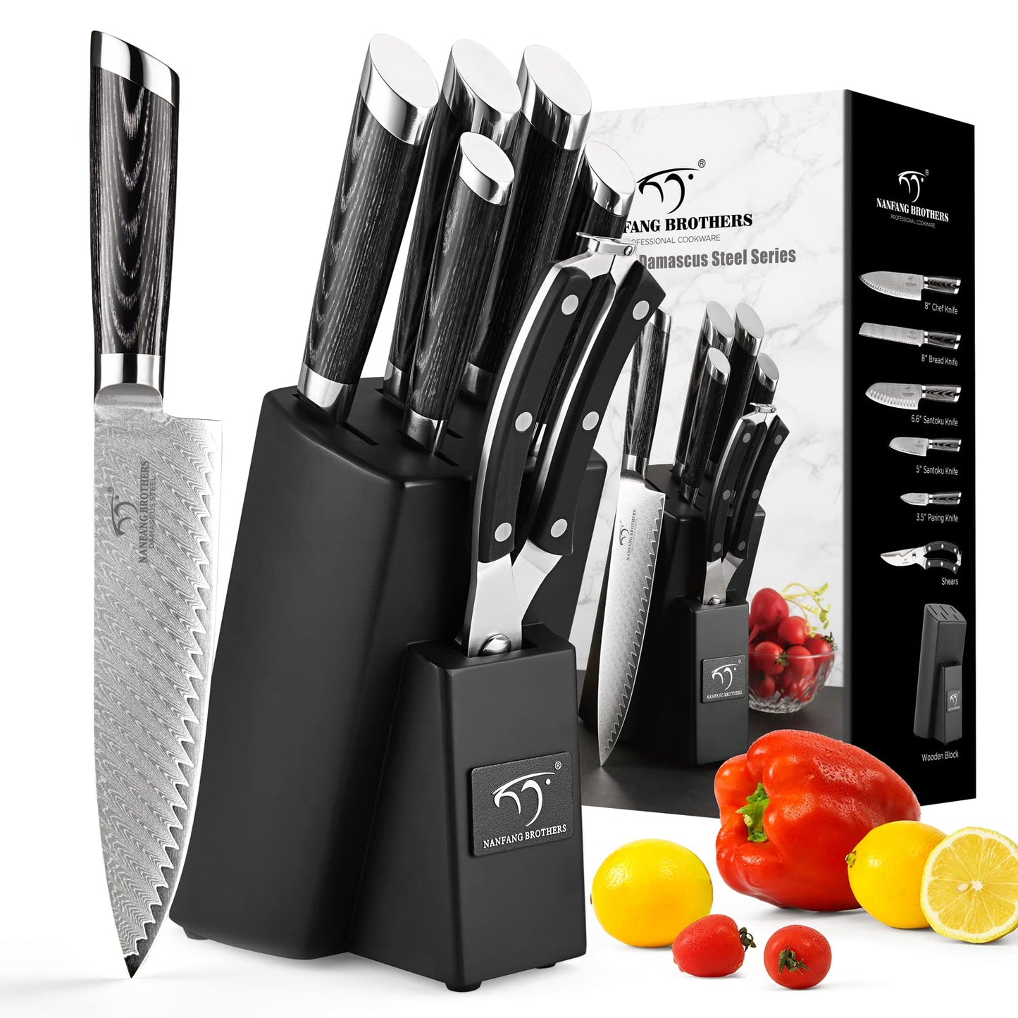 NANFANG BROTHERS Damascus Knife Set with Block - 7 Pieces, Includes Chef, Bread & Santoku Knives, Paring Knife, Shears