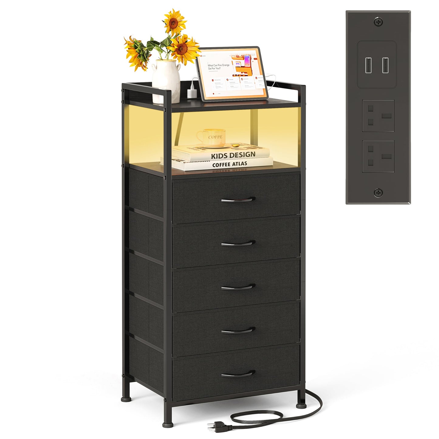 MUTUN Bedside Table with Charging Station and LED Lights, Tall Dresser Nightstand with 5 Drawers Sofa Side Table,Open Storge Shelf 2 Outlet & USB &