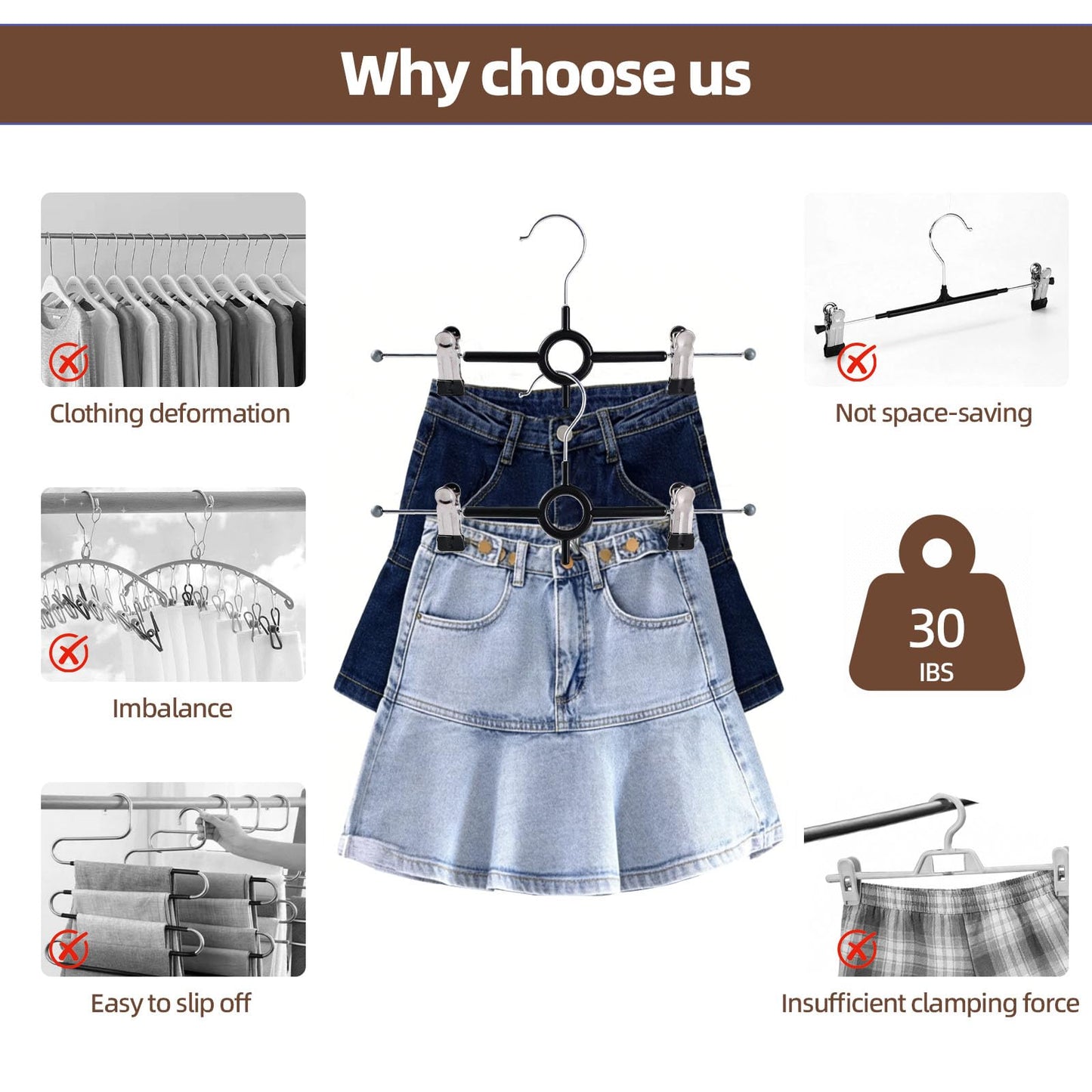 Trouser Hangers with Clips,10Pack 30cm Adjustable Heavy Duty Metal Coat Hangers,Space Saving Skirt Hangers for Women,Non-Slip Shorts Jeans Pants