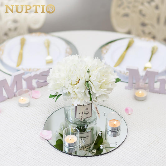 NUPTIO 25cm Mirror Plate Round Centrepieces: 12 Pcs Glass Candle Plates Table Mirrors Wedding Centrepiece Mirrored Candle Tray Set Small for Event Diy