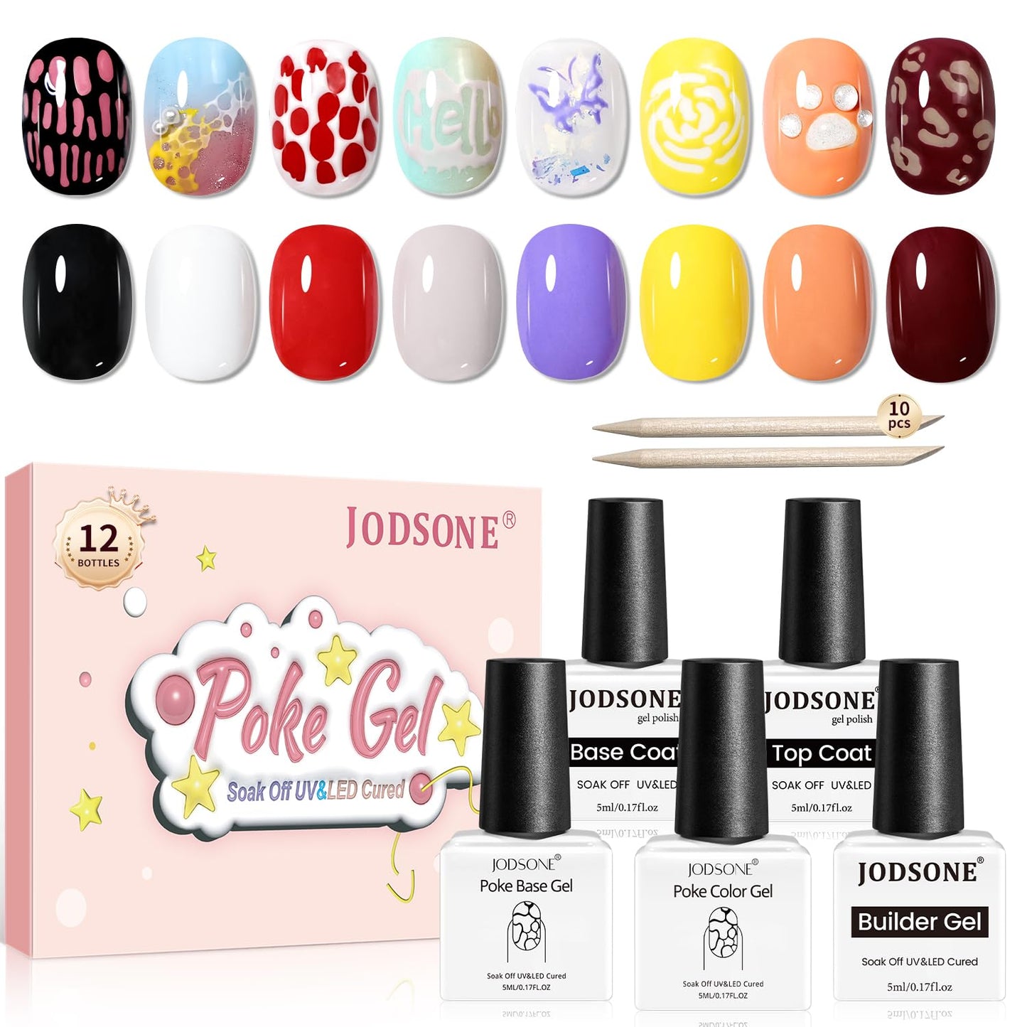 JODSONE Poke Gel Nail Polish Set 8 Colors with Professional Poke Base Coat Top Coat Wooden Nail Stick for Nails Art Design for Drawing Letters