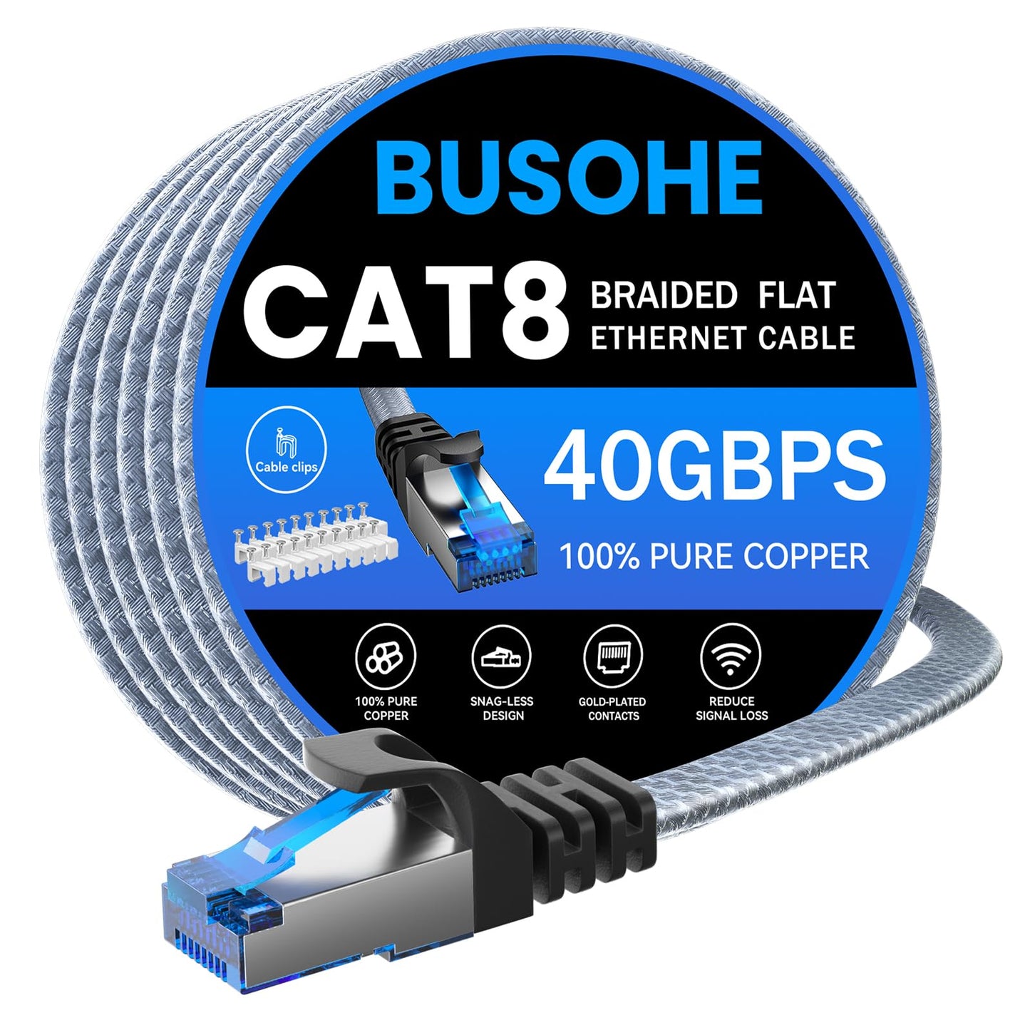 BUSOHE Cat 8 Ethernet Cable 20M, 40Gbps/2000Mhz Flat High Speed Network Cable, Braided Flat Gigabit Rj45 STP Shielded Internet Lan Cables Cord