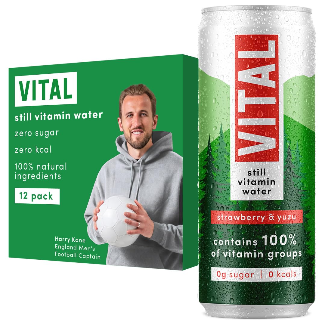 VITAL Still Vitamin Water, Contains All 13 Vitamin Groups, Sugar-free, Zero Calories, 100% Vitamin Water (12 X 330ml Can) (12 Cans Pack, Strawberry &