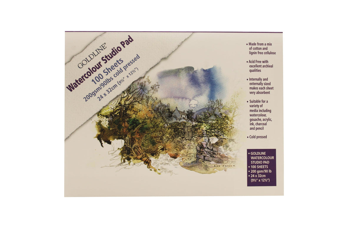 Clairefontaine - Ref 421/1021Z - Goldline Watercolour Studio Glued Pad Pack of 100 Sheets - 24 x 32cm in Size, 200gsm mix of cotton and cellulose