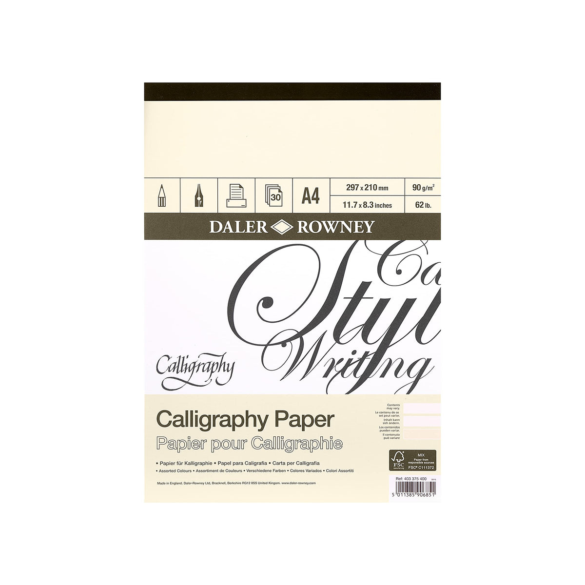 Daler-Rowney Calligraphy Drawing 90gsm Parchment Texture A4 Paper Pad, Glued 1 Side with 30 Sheets, 3 Assorted Colours, Ideal for Professional Artists