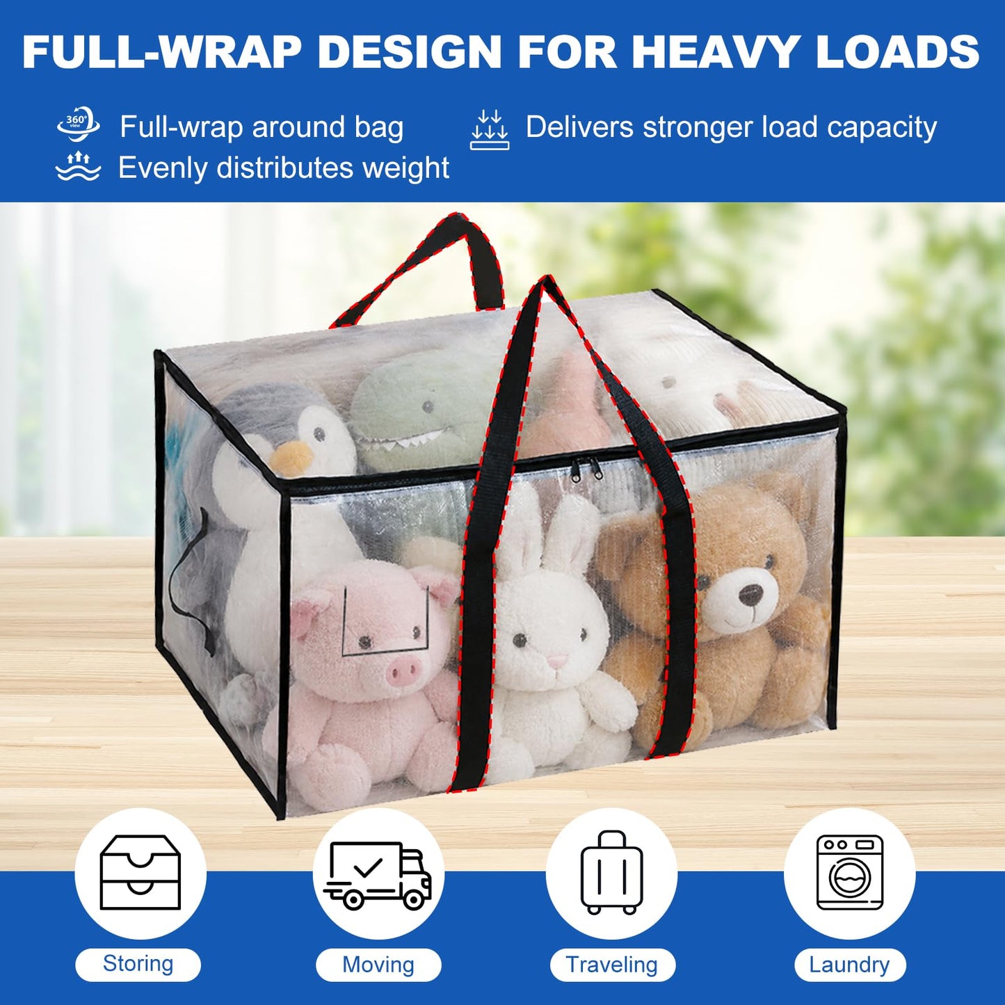 2 Pack Clothes Storage Bags with Zips, 94L Heavy Duty Clear Moving Bags