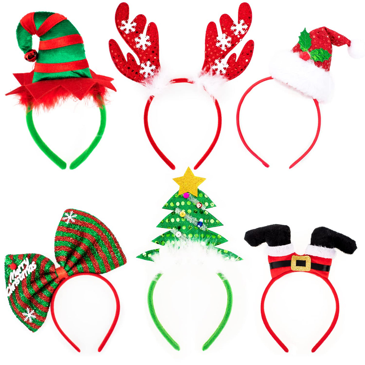 Whaline Christmas Headbands, Reindeer Antler Xmas Tree Head Hat Toppers Costume Headbands for Christmas Holiday Parties, Annual Holiday, Photos Booth