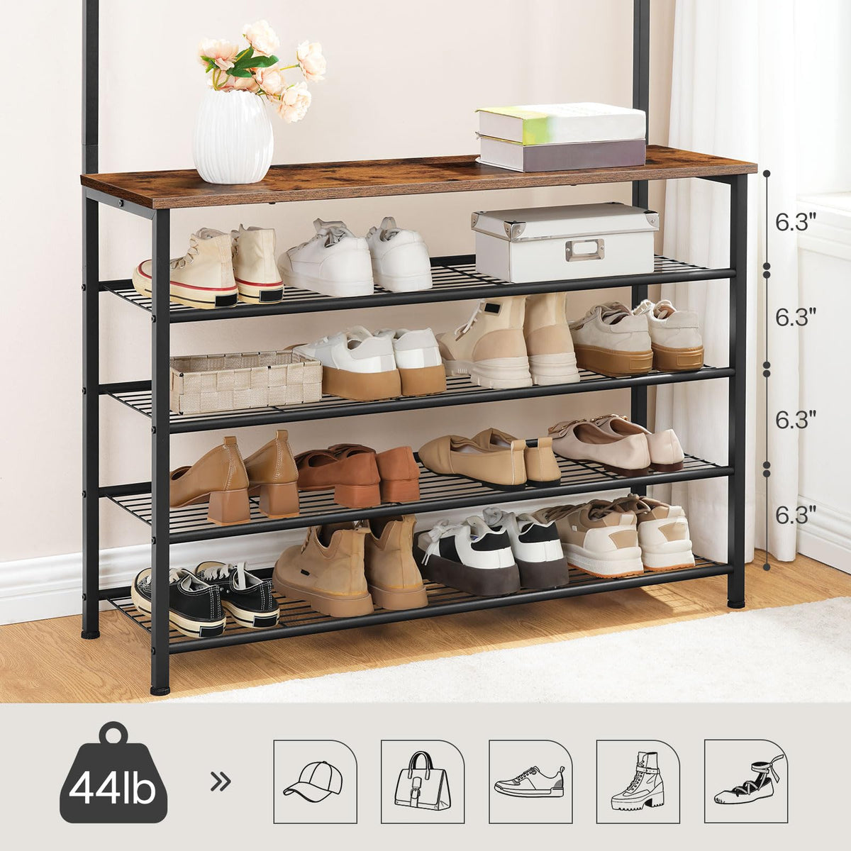 HOOBRO Coat Stand, Coat Rack with Shoe Storage, Free Standing Hall Tree with 9 Hooks, Shoe and Coat Rack for Hallway, Entryway, Metal Frame, Sturdy