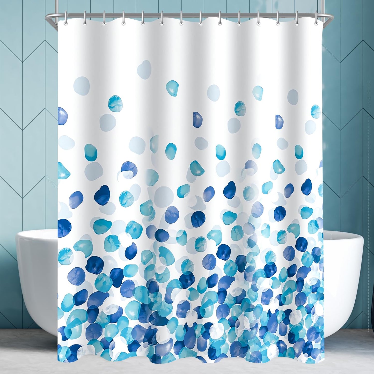 Lerores Shower Curtain, 300 x 200 cm, Blue Petals, Weighted Hem, Anti-Mould Textile, Water-Repellent, Washable Polyester Bath Curtains with 16 Eyelets