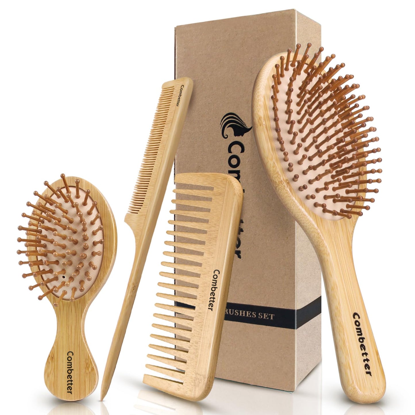 Combetter Bamboo Hairbrush and Comb Set - Natural Eco-Friendly Paddle Detangler with Scalp Massage for Women, Men, and Kids - Reduces Frizz and