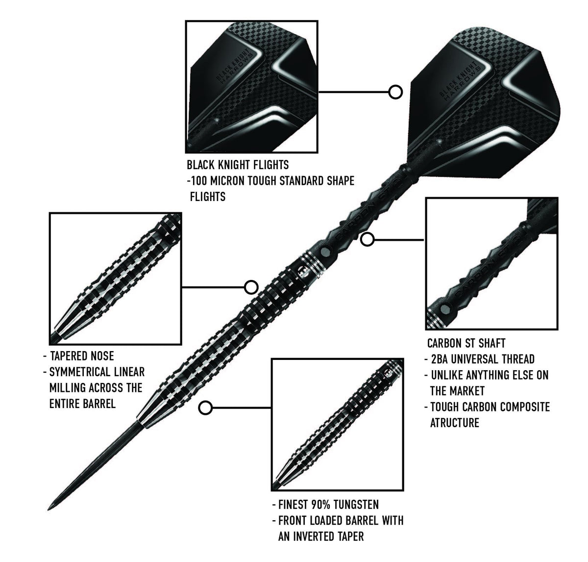 Harrows Black Knight 90% Tungsten Steel Tip Darts Set, 21g - 26g - Includes Black Carbon ST Midi Shafts & Micron Black Knight Flights (25g)